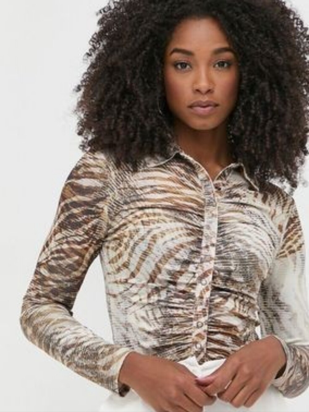 GUESS Milana Animal Print Button-Up Beige Brown sz S